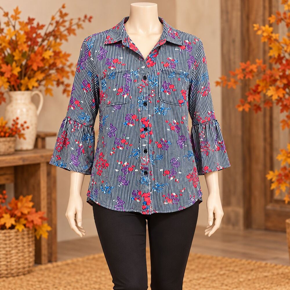 French Laundry large floral striped blouse bell sleeve button front navy